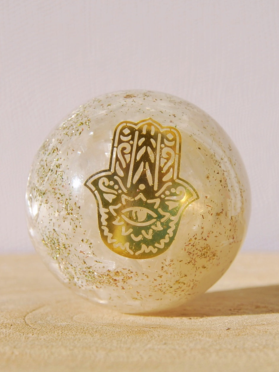 Esfera Orgonite Selenita Mano Fátima